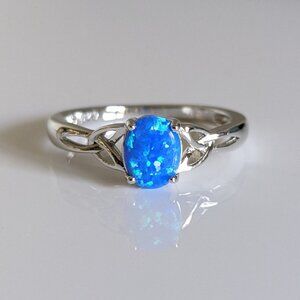 Blue Opal Celtic Ring, Sterling Silver Women Ring, Scottish Ring, Irish Love